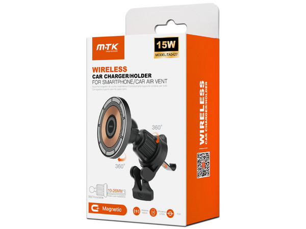Soporte Magnético MTK TA0427, Carga de 15W, Para Ventanilla de Auto. Color Negro.
