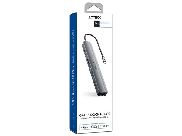 HUB USB Acteck Gatex Dock HD785 de 8 Puertos, USB Tipo C a 2 Puertos USB Tipo C, Lector de Tarjetas TF, Lector de Tarjetas SD, 1 Puerto Ethernet, 1 Puerto HDMI, 2 Puertos USB Tipo A 3.0. Color Gris.