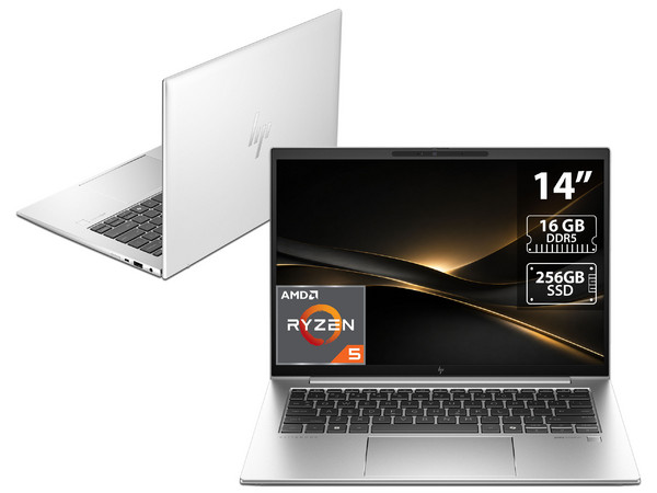 Laptop HP Elitebook EB845G11:
Procesador AMD Ryzen 5 8540U (hasta 4.9 GHz),
Memoria de 16GB DDR5,
SSD de 256GB,
Pantalla de 14