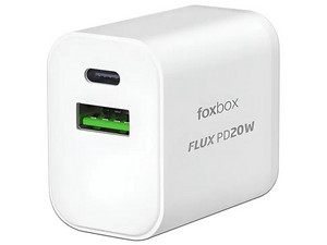 Cargador de Pared Foxbox Flux PD20W de 20W, Tipo I (en V), USB Tipo C y USB Tipo A, 20W. Color Blanco.