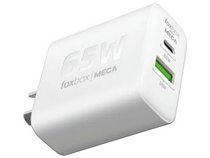 Cargador de Pared Foxbox Mega de 65W, Tipo I (en V), USB Tipo C y USB Tipo A. Color Blanco.