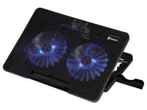 Base ventilada Brobotix, con iluminación integrada y ángulo ajustable, ideal para laptops.