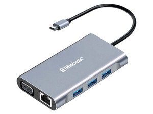 Docking Station Brobotix 7 en 1, USB-C, con vídeo HDMI, VGA, USB, RJ45. Color Gris.