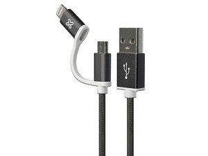 Cable Adaptador Klip Xtreme USB 2.0 a Micro USB / Lightning, 2 en 1, de 1m. Color Negro.