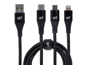 Cable USB 3 en 1 SFT Mobile ST-A36885 de 1.8m, Carga Rápida, USB, USB Tipo C y Lightning, Color Negro.
