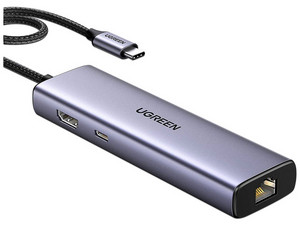 Hub UGREEN 15598 6 en 1, USB C (M) a HDMI, 3 Puertos USB Tipo A 3.0, RJ-45 (H), Color Gris.