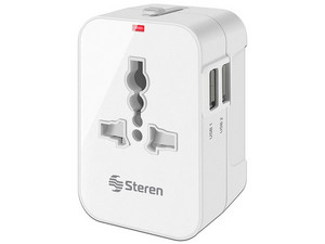 Adaptador Universal de Contactos Steren 905-127 para Viaje con Doble Cargador USB.
