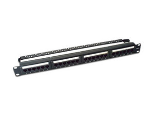 Panel de parcheo de impacto LinkedPro LP-PP-607 con Barra organizadora de Cable, UTP Cat6 de 24 puertos, 19". Color Negro.