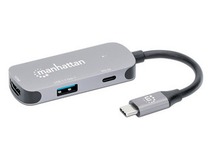 Hub USB Manhattan 190299, USB Tipo C a HDMI, USB Tipo A 3.2 y USB Tipo C, Color Gris.