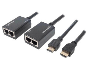 Extensor HDMI Manhattan 207386, Sobre Ethernet, HDMI - 2 Puertos RJ-45 (M-H), Soporta hasta 30m, Color Negro.