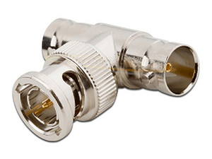 Adaptador en T RF Industries RFB-1130-1 de BNC (Macho) a Doble BNC (Hembra). Color Plateado