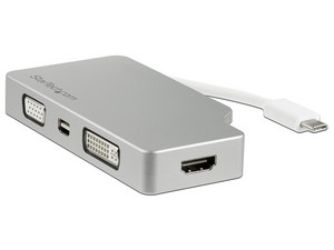 Convertidor 4 en 1 StarTech de audio y video para viajes, USB-C a VGA, DVI, HDMI o mini DisplayPort, 4K.