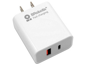 Cargador de pared BRobotix 6000502 de 18W con USB tipo A y USB tipo C de carga rápida. Color Blanco.