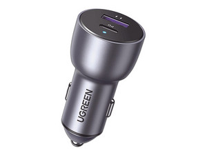 Cargador de Auto Ugreen de 4235W, 1 puerto USB-A QC 3.0 y 1 puerto USB-C PD 3.0, Voltaje de entrada 12 y 24V. Color Gris.