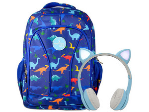 Kit Perfect Choice PC-911906 Mochila Brooklyn Dinosaurio y Audífonos Catto, Bluetooth, Auxiliar 3.5mm, Micro USB, Color Azul.