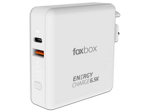 Cargador de Poder y Batería Portátil FoxBox Energy Charge 6.5K de 18W, USB Tipo A y USB Tipo C, 6500 mAh, GaN. Color Blanco.