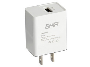 Cargador de pared GHIA con 1 puerto USB 3.0, carga rápida. Color Blanco.