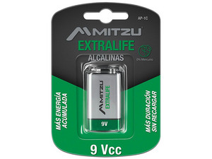 Pila Mitzu ExtraLife AP-1C de 9V, Alcalinas Cuadrada, 250mAh.