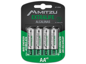 Batería Alcalina Mitzu ExtraLife tamaño AA, de 1.5 Volts, Ni-Cd. (4 piezas).