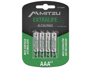 Batería Alcalina Mitzu ExtraLife tamaño AAA, de 1.5 Volts, Ni-Cd. (4 piezas).