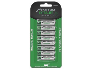 Pilas Alcalinas MITZU ExtraLife AA, Paquete con 8 Piezas de 1.5V.