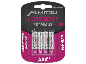 Batería Recargable Mitzu UltraEnergy tamaño AAA, de 1.5 Volts, de 850 mAh, Ni-MH. (4 piezas).