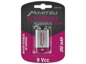 Batería Recargable Mitzu UltraEnergy Cuadrada de 9 Volts, de 250 mAh, Ni-MH.