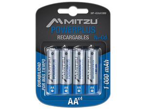Batería Recargable Mitzu PowerPlus tamaño AA, de 1.2 Volts, de 1000 mAh, Ni-Cd. (4 piezas).