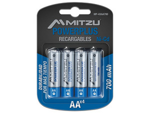 Batería Recargable Mitzu PowerPlus tamaño AA, de 1.5 Volts, de 700 mAh, Ni-Cd. (4 piezas).