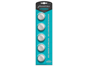 Batería Mitzu LithiuMax tipo Botón CR2035, de 3 Volts, de 150 mAh, Litio. (5 piezas).