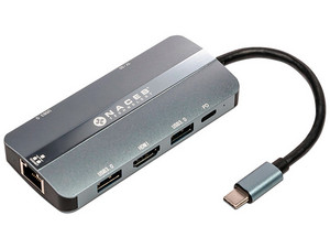 Adaptador NACEB NA-0129 USB-C 8 en 1 con RJ45, HDMI, 3 Puertos USB 3.0, Lector SD y TF, y Carga PD 100W.