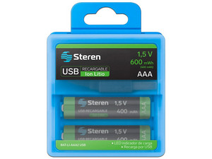 Baterías Recargables Steren USB Li-Ion AAA 40 con 2 Piezas. Color Multicolor.