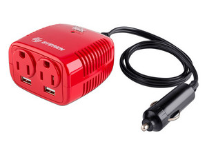 Inversor de Corriente Steren INV-150 para automóvil, 2 contactos de 3 polos, USB, 150W, 100 - 120 Vca. Color Rojo