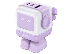 Cargador de Pared UGREEN RobotGaN de 65W, 1 Puerto USB Tipo A, 2 Puertos USB Tipo C, Zapato Magnético Extraíble, Color Morado.