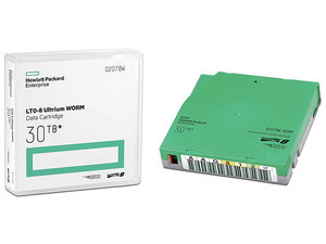 Cartucho de datos regrabable HP LTO8 Ultrium RW de 30TB.
