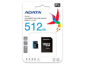Memoria ADATA Premier microSDXC UHS-I de 512 GB, clase 10, incluye adaptador SD. Memoria ADATA Premier microSDXC UHS-I de 512 GB, clase 10, incluye adaptador SD.