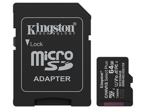 Memoria Kingston MicroSDXC UHS-I U1 Canvas Select Plus de 64GB, A1, Gen 3, 100 MB/s, Clase 10. Incluye adaptador.
