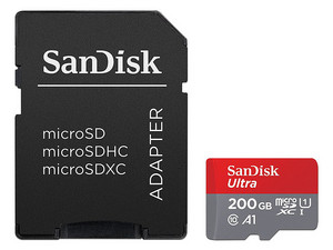 Memoria Sandisk Ultra MicroSDXC UHS-I U1 de 200 GB, A1, Clase 10, incluye adaptador SD.