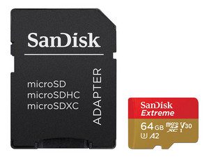 Memoria SanDisk Extreme MicroSDXC UHS-I U3 de 64 GB, Clase 10. Incluye adaptador SD.