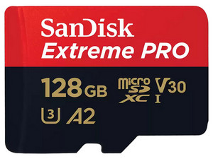 Memoria Sandisk Extreme Pro MicroSD U3 V30 A2 de 128GB, Clase 10, Incluye Adaptador SD.