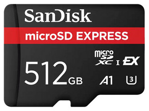 Memoria SanDisk Express MicroSDXC UHS-I U3 de 512 GB, Lectura 880 MB/s.
