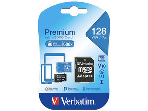 Memoria Verbatim Premium MicroSDXC UHS-I U1 DE 128GB, clase 10, Incluye adaptador SD.