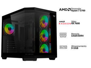 PC Gamer Powebit Omega Pro: 
CPU AMD Ryzen 7 5700 (hasta 4.6 GHz),
Memoria de 32GB DDR4,
SSD de 512GB,
Video AMD Radeon RX 7600,
Wi-Fi, Bluetooth,
Fuente de Poder de 750W GOLD,
S.O. Windows 11 Home (Versión de Prueba),
Incluye 4 Ventiladores ARGB.
