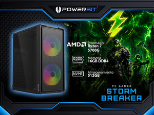 PC Gamer Powerbit Stormbreaker: 
Procesador AMD Ryzen 7 5700G (hasta 4.6 GHz), 
Memoria de 16GB DDR4, 
SSD de 512GB, 
Video Radeon Graphics, 
S.O. Windows 11 Home (Versión de Prueba).