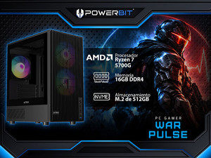 PC Gamer Powerbit War Pulse:
Procesador AMD Ryzen 7 5700G (hasta 4.6 GHz),
Memoria de 16GB DDR4,
M.2 de 512GB,
Wi-Fi,
Video Radeon Graphics,
S.O. Windows 11 Home (Versión de Prueba). PC Gamer Powerbit War Pulse:
Procesador AMD Ryzen 7 5700G (hasta 4.6 GHz),
Memoria de 16GB DDR4,
M.2 de 512GB,
Wi-Fi,
Video Radeon Graphics,
S.O. Windows 11 Home (Versión de Prueba).
