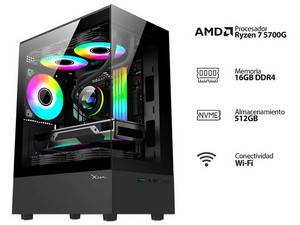 PC Gamer Powerbit: 
Procesador AMD Ryzen 7 5700G (hasta 4.6 GHz), 
Memoria de 16GB DDR4, 
M.2 de 512GB, 
Wi-Fi, 
Video Radeon Graphics, 
S.O. Windows 11 home (Versión de Prueba).