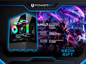 PC Gamer Powerbit Neon Rift: 
Procesador AMD Ryzen 7 5700G (hasta 4.6 GHz), 
Memoria de 16GB DDR4, 
M.2 de 512GB, 
Wi-Fi, 
Video Radeon Graphics, 
S.O. Windows 11 home (Versión de Prueba).