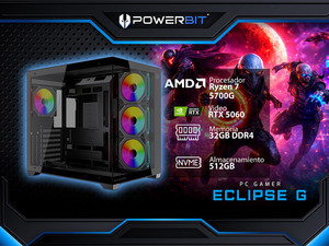PC Gamer Powerbit Eclipse G:
Procesador AMD Ryzen 7 5700G (hasta 4.6 GHz),
Memoria de 32GB DDR4,
SSD de 512GB,
Video NVIDIA GeForce RTX 5060,
S.O. Windows 11 Home (Versión de Prueba),
Incluye 4 Ventiladores RGB. PC Gamer Powerbit Eclipse G:
Procesador AMD Ryzen 7 5700G (hasta 4.6 GHz),
Memoria de 32GB DDR4,
SSD de 512GB,
Video NVIDIA GeForce RTX 5060,
S.O. Windows 11 Home (Versión de Prueba),
Incluye 4 Ventiladores RGB.