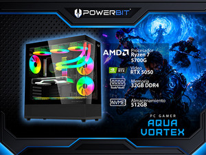 PC Gamer Powerbit Aqua-Vortex: 
Procesador AMD Ryzen 7 5700G (hasta 4.6 GHz), 
Memoria de 32GB DDR4,
SSD de 512GB, 
Video NVIDIA GeForce RTX 5050, 
S.O. Windows 11 Home (Versión de Prueba),
Incluye 3 Ventiladores RGB