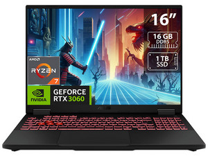 Laptop Gamer ASUS TUF Gaming A16: 
Procesador AMD Ryzen 7 260 (hasta 5.1 GHz), 
Memoria de 16GB DDR5, 
SSD de 1TB, 
Pantalla de 16" LED, 
Video NVIDIA GeForce RTX 3060, 
S.O. Windows 11 Home.